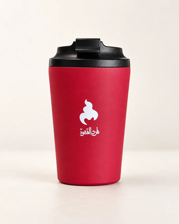 Marid red 12 oz travel tumbler with black lid